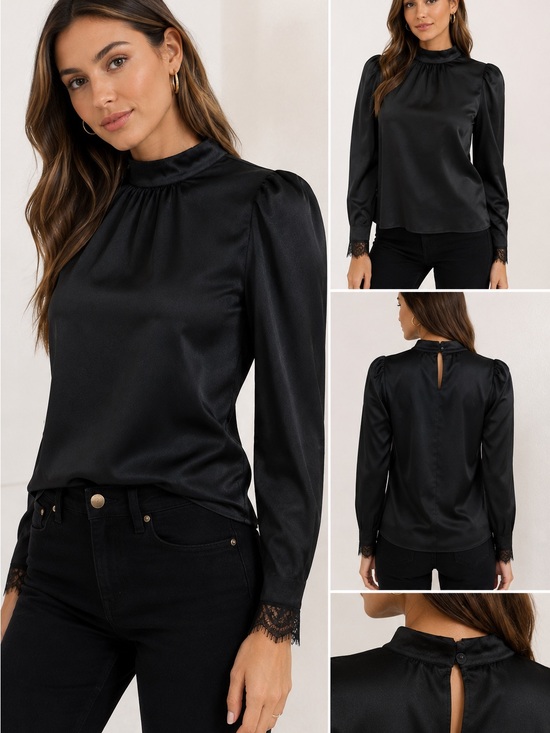 Express Tops - Express Black Satin Mock Neck Puff Sleeve Blouse Top Women’s Medium